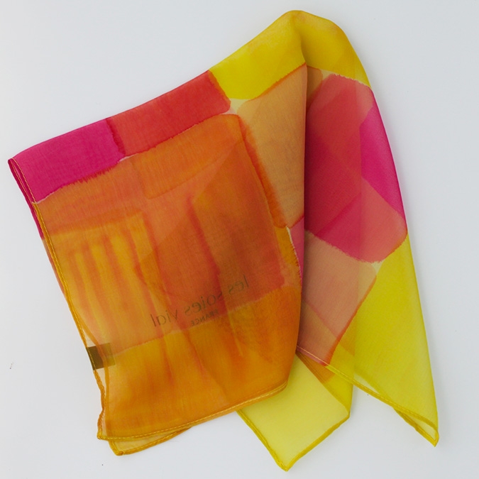 Peinture sur soie jaune et rose