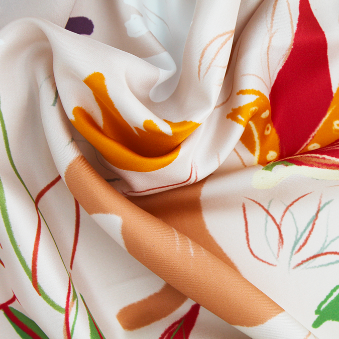 Grand carré de soie oiseaux beige