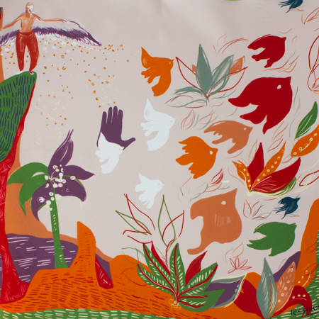 Grand carré de soie oiseaux beige