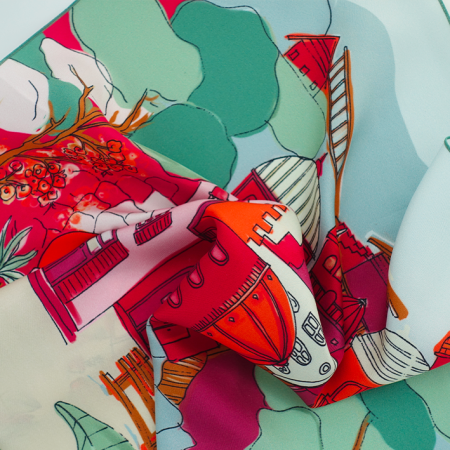 petit carré de soie vert, rouge, orange