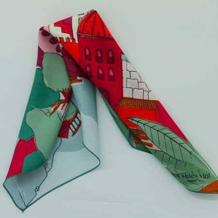 petit carré de soie vert, rouge, orange