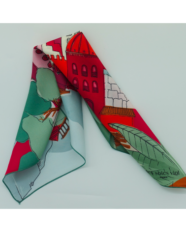 petit carré de soie vert, rouge, orange