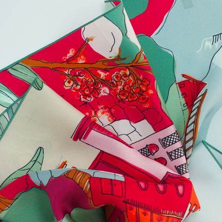 Small red, green, and orange silk scarf.