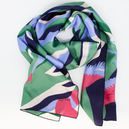 echarpe soie ciel, vert et rose