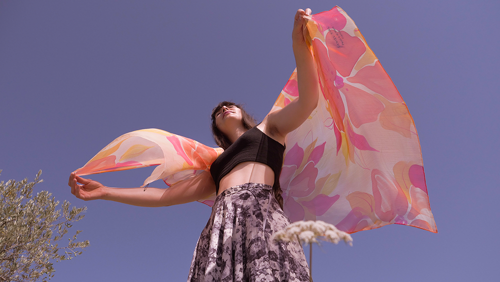 Etole soie orange, peinte à la main